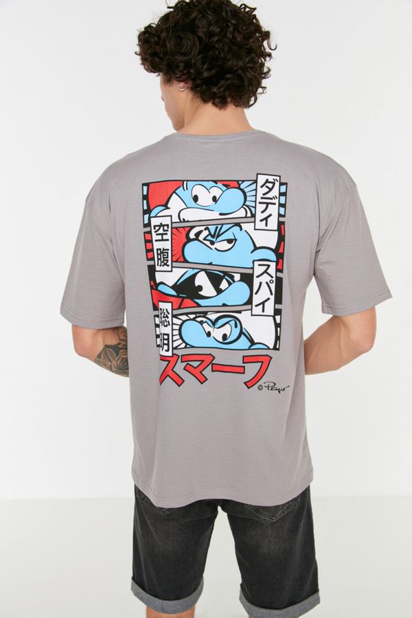 Trendyol Trendyol Gray Men's Relaxed Fit Crew Neck Short Sleeve Smurfs Licensed Printed T-Shirt