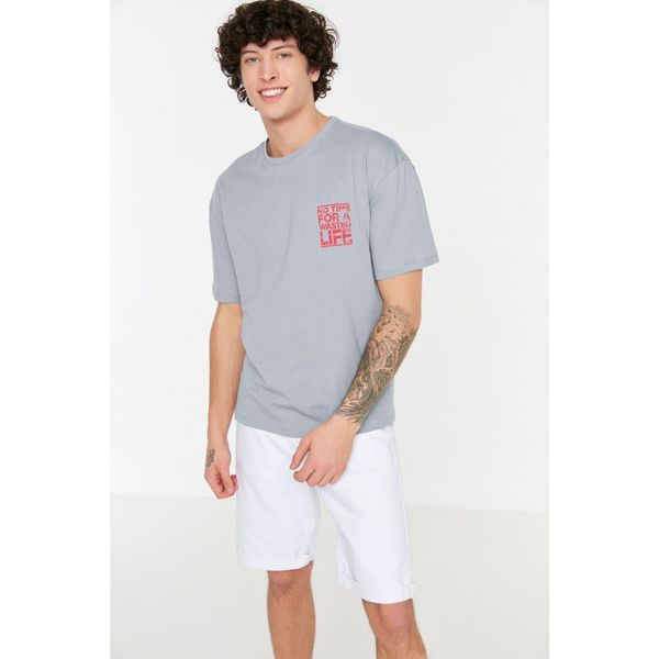 Trendyol Trendyol Gray Men's Relaxed Fit Crew Neck Zero Sleeve Printed T-Shirt