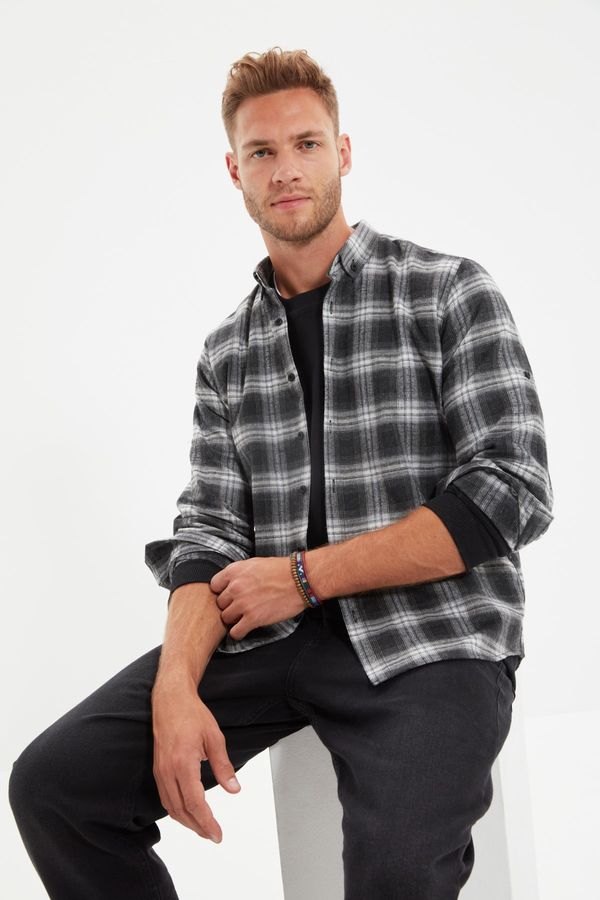 Trendyol Trendyol Gray Męska koszula Slim Fit z guzikami z długim rękawem Lumberjack Plaid Epaulet Shirt
