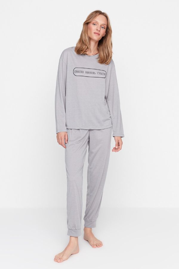 Trendyol Trendyol Gray Printed Back Detailed Knitted Pajamas Set