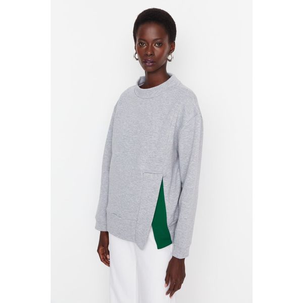 Trendyol Trendyol Gray Slit Detailed Stand Collar Basic Thick Fleece Knitted Sweatshirt