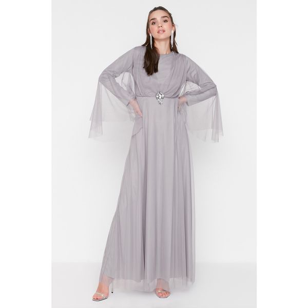 Trendyol Trendyol Gray Tulle Stone Brooch Detailed Islamic Clothing Evening Dress