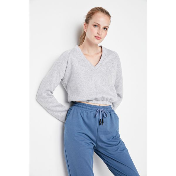 Trendyol Trendyol Gray V Neck Crop Raised Knitted Sweatshirt