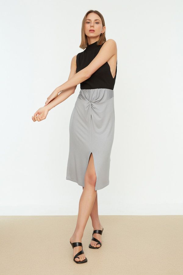 Trendyol Trendyol Gray Waist Detail Ripped Midi Knitted Skirt