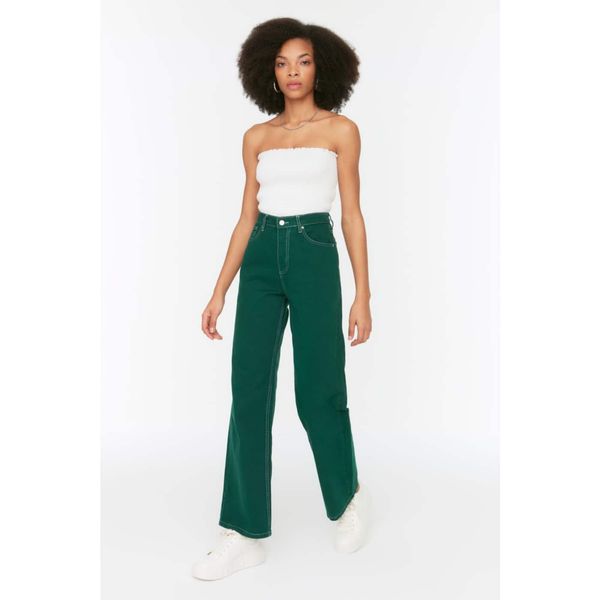 Trendyol Trendyol Green 100% Organic Cotton Contrast Thread High Waist Wide Leg Jeans