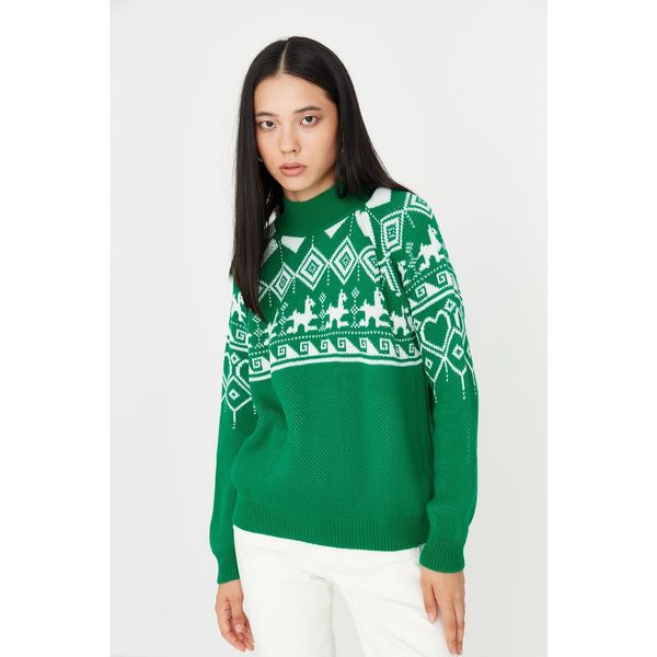 Trendyol Trendyol Green Christmas Themed Oversize Knitwear Sweater