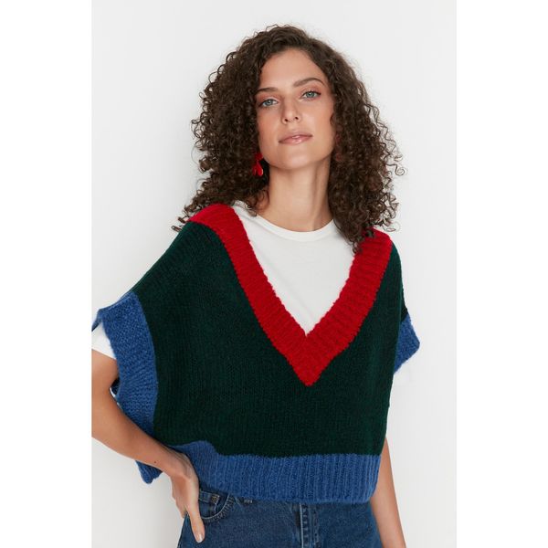 Trendyol Trendyol Green Crop Color Block Oversize Knitwear Sweater