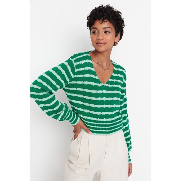 Trendyol Trendyol Green Crop Striped Knitwear Sweater