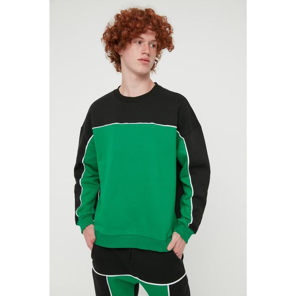 Trendyol Trendyol Green Men's Oversize Fit Crew Neck Long Sleeve Color Block Pleated Sweatshirt
