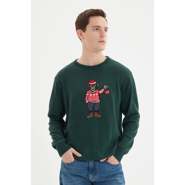 Trendyol Trendyol Green Men's Regular Fit Christmas Embroidered Sweater