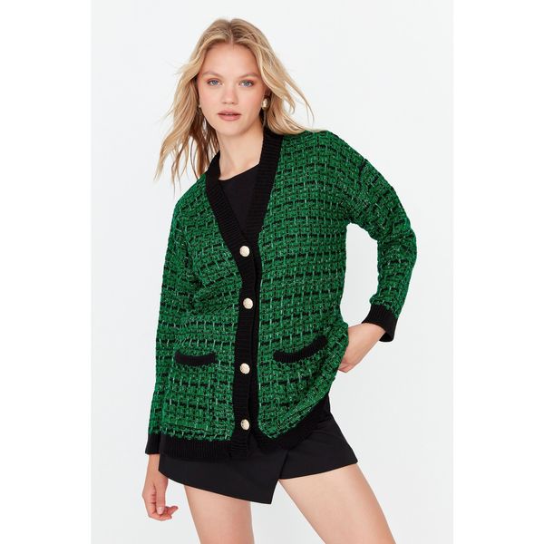 Trendyol Trendyol Green Oversize Pocket Tweed Look Knitwear Cardigan