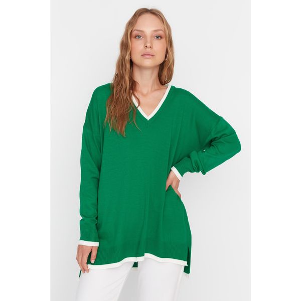 Trendyol Trendyol Green Oversize V Neck Knitwear Sweater