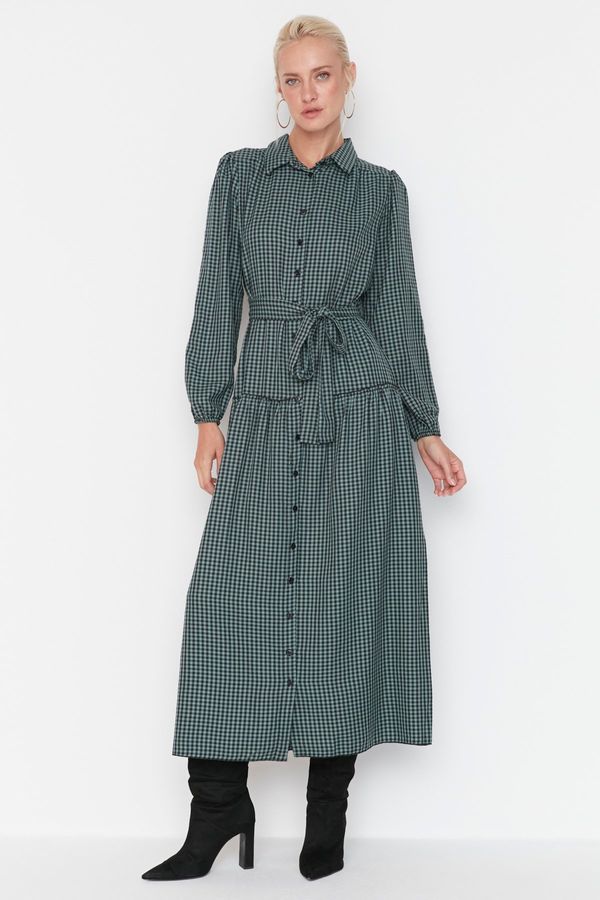 Trendyol Trendyol Green Plaid Pattern Tie Waist Shirt Collar Woven Dress