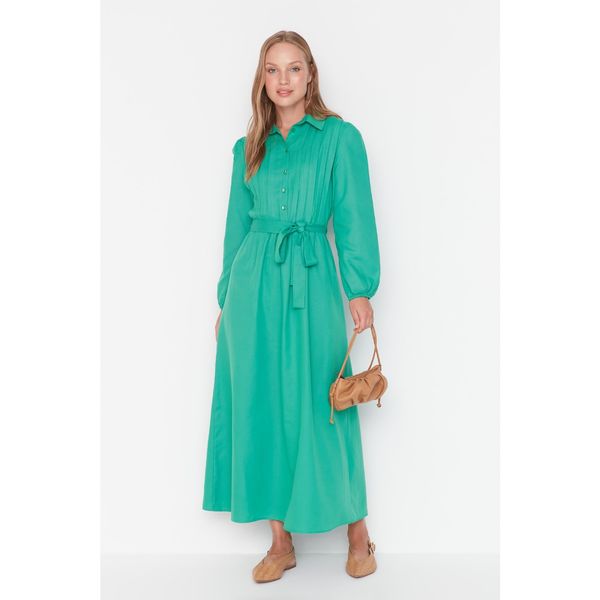 Trendyol Trendyol Green Pleated Shirt Collar Woven Dress