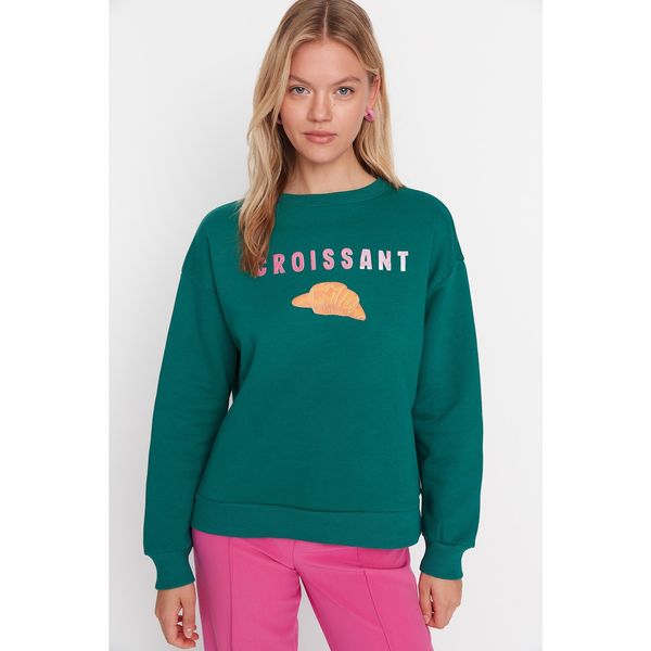 Trendyol Trendyol Green Printed Basic Raised Knitted Sweatshirt