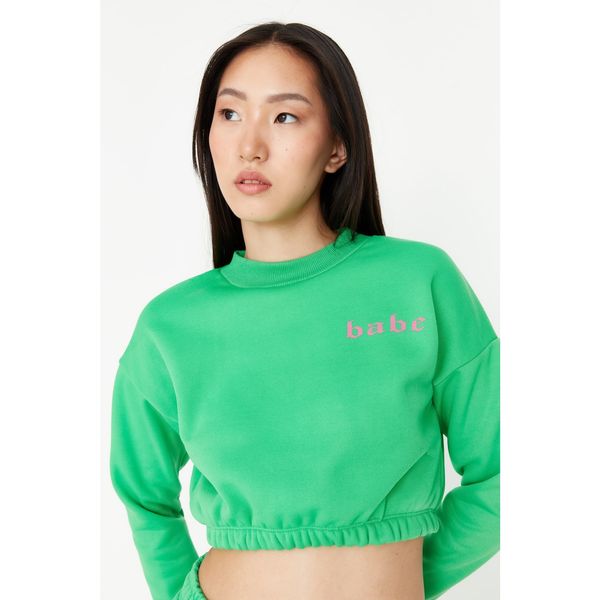 Trendyol Trendyol Green Printed Crop Raised Knitted Sweatshirt
