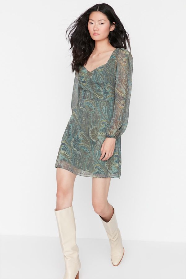 Trendyol Trendyol Green Shawl Patterned Balloon Sleeve Dress