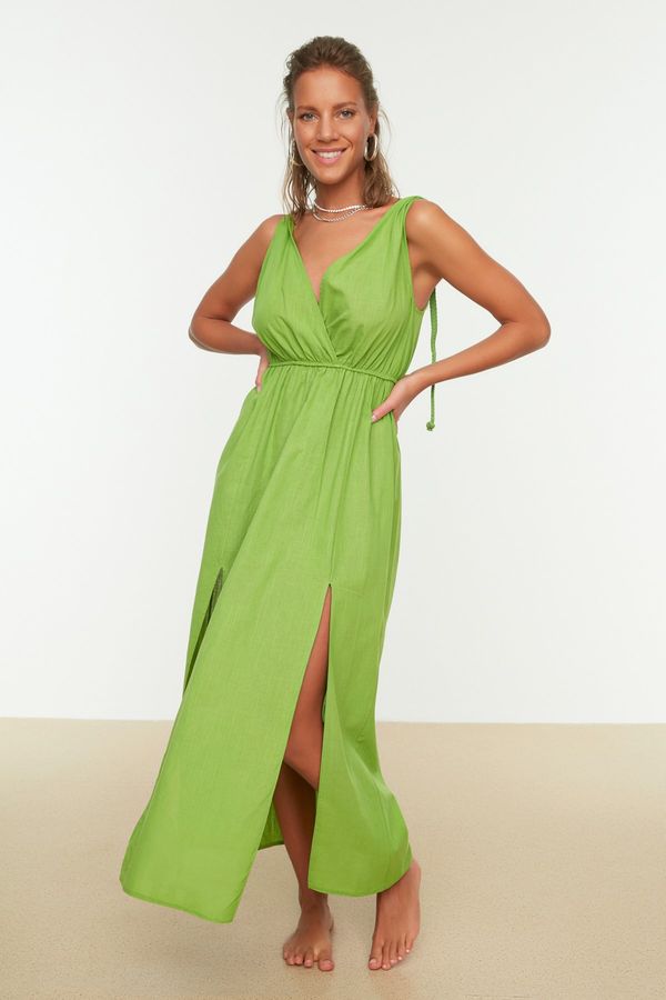 Trendyol Trendyol Green Slit Detailed Linen Look Long Beach Dress