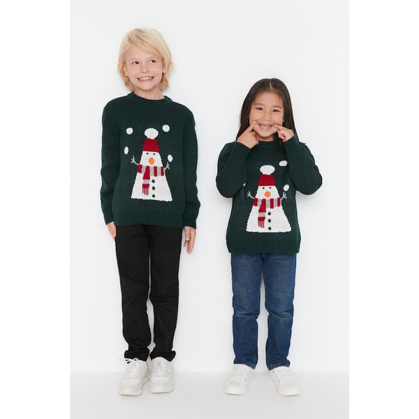 Trendyol Trendyol Green Snowman Jacquard Unisex Kids Knitwear Sweater