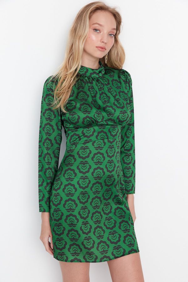 Trendyol Trendyol Green Stand Up Collar Patterned Satin Dress