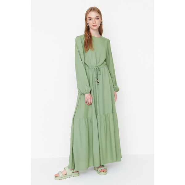 Trendyol Trendyol Green Tie Waist Detailed Crew Neck Woven Dress