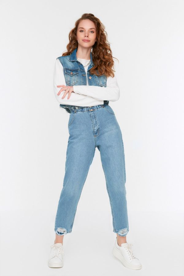 Trendyol Trendyol Ice Blue Elastic Waist 100% Cotton Rise Waist Mom Jeans