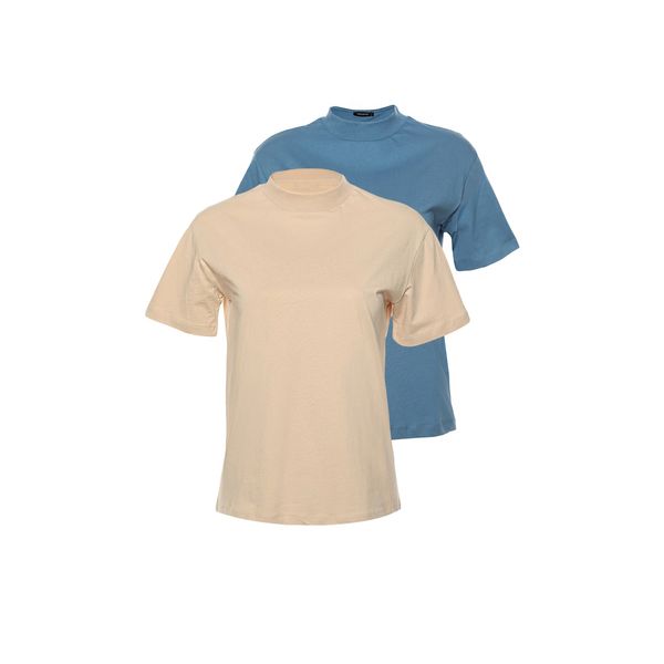 Trendyol Trendyol Indigo-Beige Stand Up Collar 2-Pack Basic Knitted T-Shirt