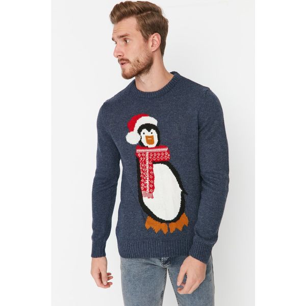 Trendyol Trendyol Indigo Men Regular Fit Crew Neck Penguin Christmas Knitwear Sweater