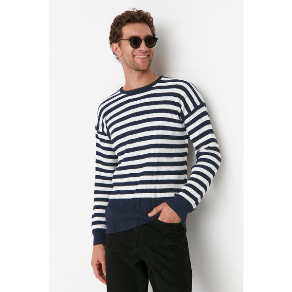 Trendyol Trendyol Indigo Men's Crew Neck Oversize Striped Knitwear Sweater