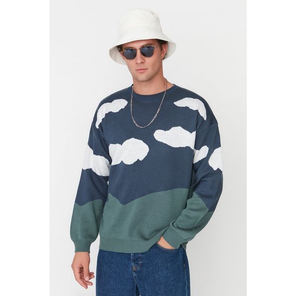 Trendyol Trendyol Indigo Men's Oversize Fit Crew Neck Landscape Patterned Knitwear Sweater