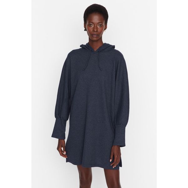 Trendyol Trendyol Indigo Slit Detailed Hooded Knitted Waffle Dress