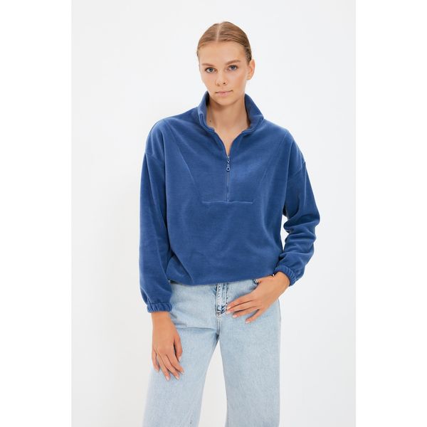 Trendyol Trendyol Indigo Zipper Detailed Fleece Basic Knitted Sweatshirt