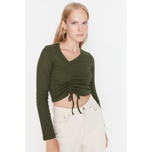 Trendyol Trendyol Khaki Asymmetrical Ruffle Detailed Corduroy Crop Knitted Blouse