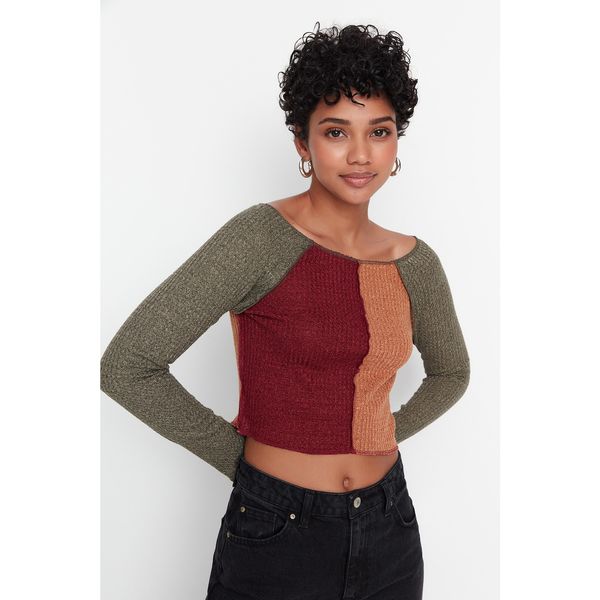 Trendyol Trendyol Khaki Color Block Jacquard Crop Knitted Blouse