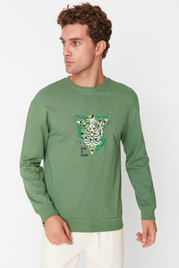 Trendyol Trendyol Khaki Men Regular Fit Crew Neck Printed Sweatshirt