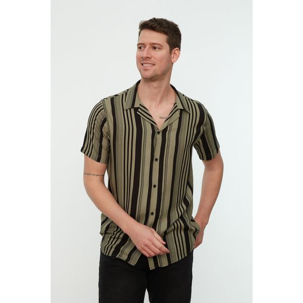 Trendyol Trendyol Khaki Men Regular Fit Striped Top Collar Flowy Viscose Shirt