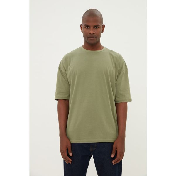 Trendyol Trendyol Khaki Men's Basic 100% Cotton Crew Neck Oversized Short Sleeved T-Shirt
