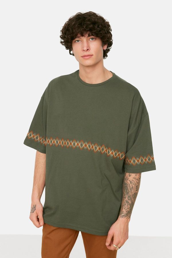 Trendyol Trendyol Khaki Men's Oversize Crew Neck Short Sleeve Embroidered T-Shirt