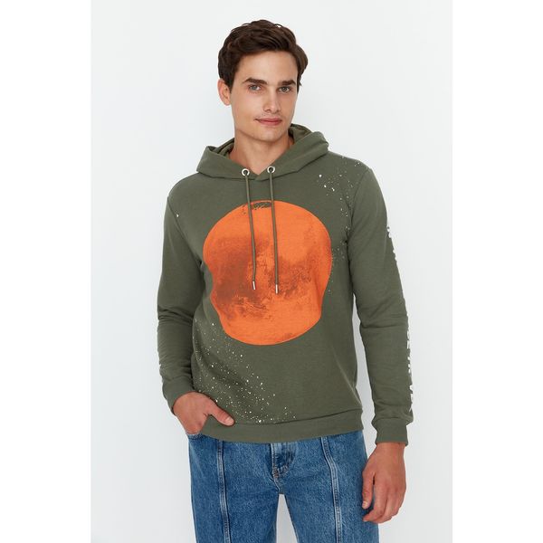 Trendyol Trendyol Khaki Men's Printed Regular Fit Hoodie Sweatshirt