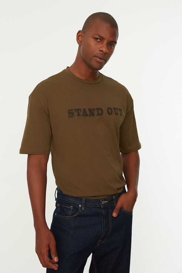 Trendyol Trendyol Khaki Men's Relaxed Fit 100% Cotton Crew Neck Printed T-Shirt