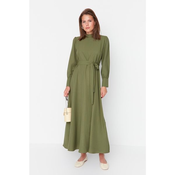 Trendyol Trendyol Khaki Stand Up Collar Tie Waist Woven Dress