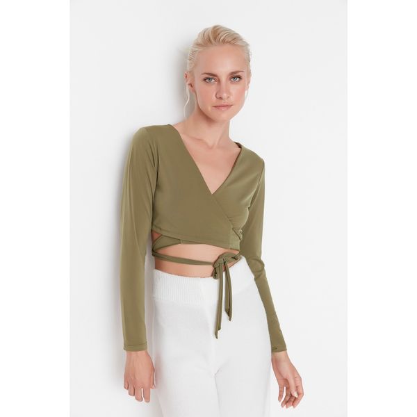 Trendyol Trendyol Khaki Tie Detailed Crop Knitted Blouse