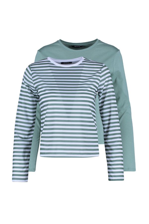 Trendyol Trendyol Khaki-White Striped 2-Pack Crew Neck Basic Knitted T-Shirt