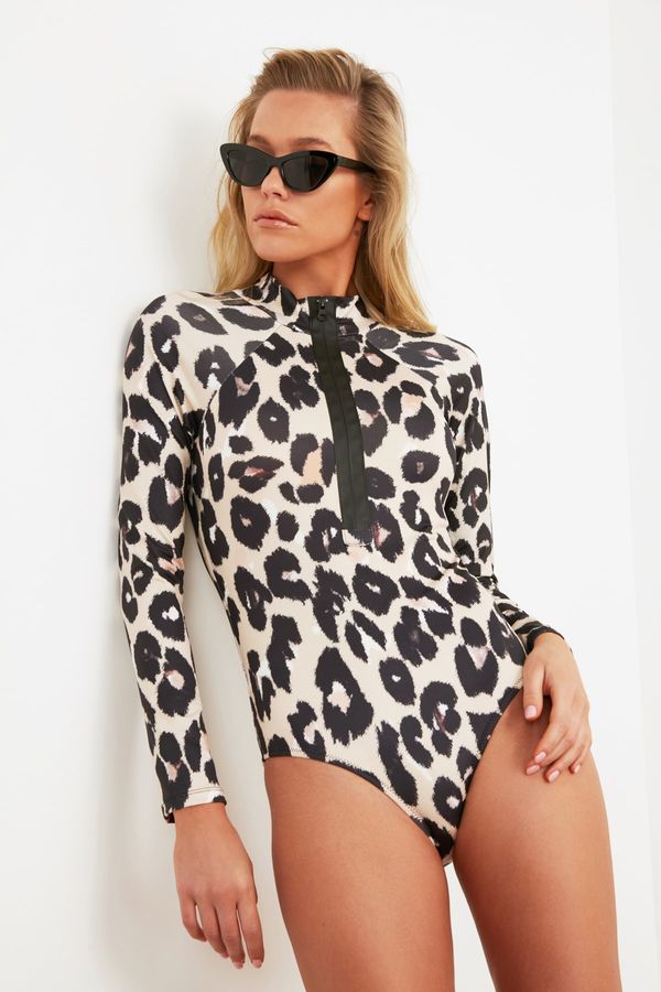 Trendyol Trendyol Leopard Patterned Long Sleeve Surf Themed Swimsuit