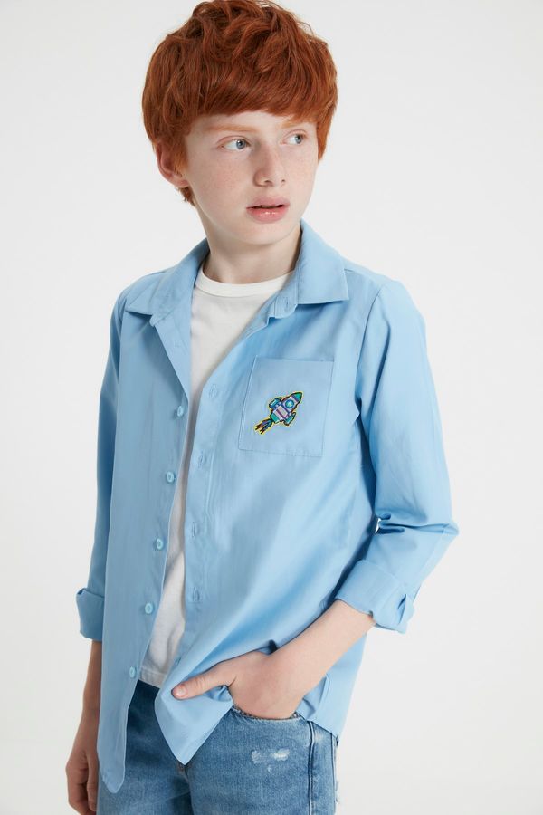 Trendyol Trendyol Light Blue Boy's Woven Shirt with Pockets Embroidery Embroidered