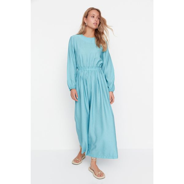 Trendyol Trendyol Light Blue Crew Neck Waist Pleated Woven Jumpsuit