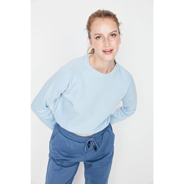 Trendyol Trendyol Light Blue Raglan Sleeve Ragged Crop Knitted Thick Sweatshirt