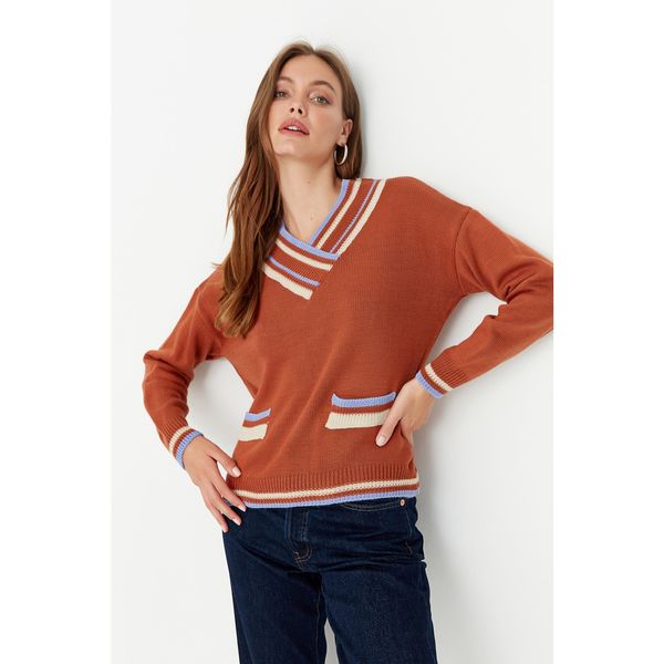 Trendyol Trendyol Light Brown Double Breasted Collar Knitwear Sweater