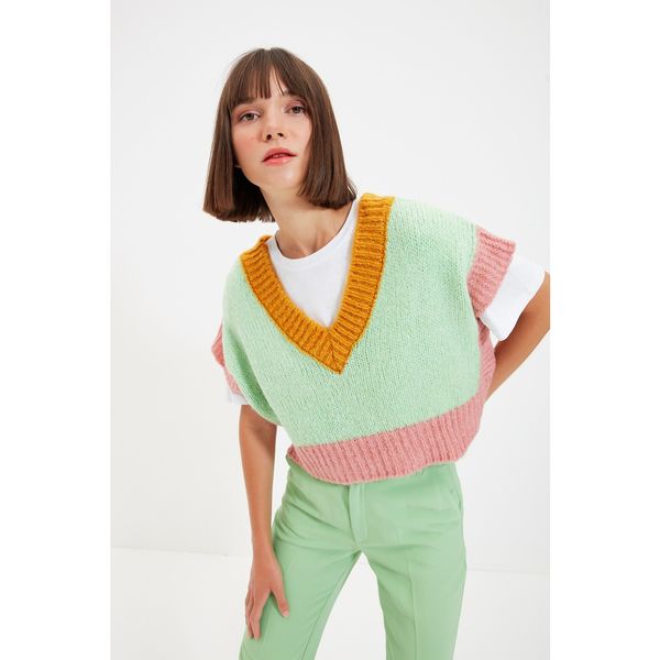 Trendyol Trendyol Light Green Color Block Dzianina Sweter