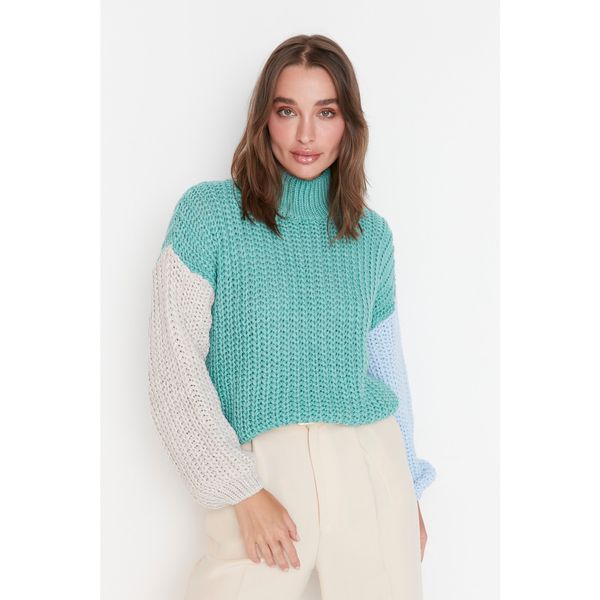 Trendyol Trendyol Light Green Stand Up Collar Color Block Knitwear Sweater